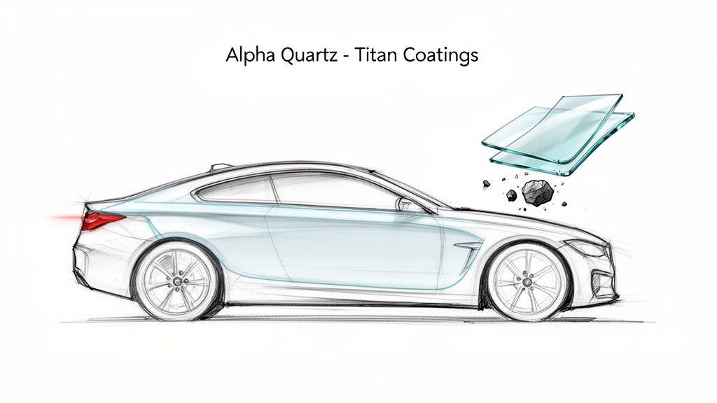 Illustration of a white car demonstrating a protective film layer against road debris impact.
