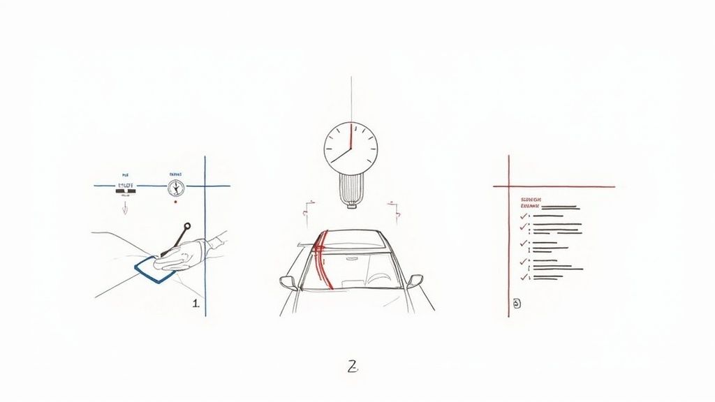 A detailer carefully inspecting the glossy finish of a ceramic-coated car under bright lights.