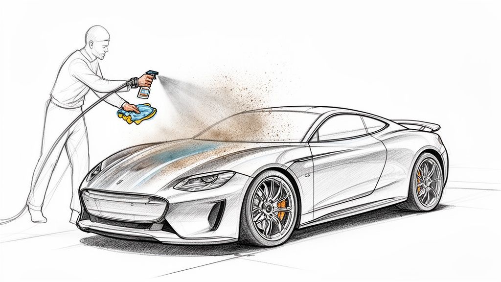 Illustration of a man dry washing a dirty silver sports car with spray cleaner and microfiber cloth.
