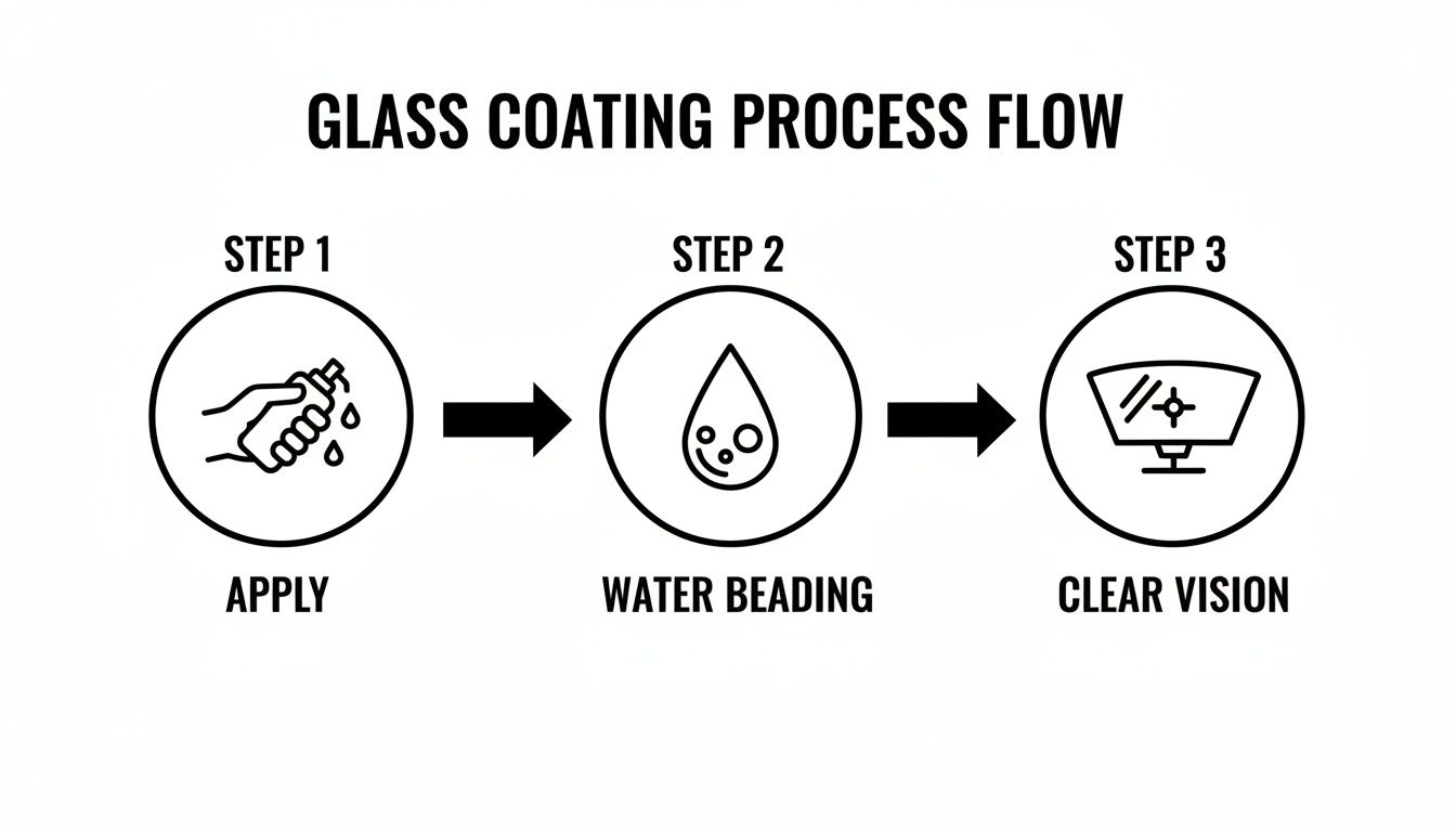 Flowchart illustrating three steps of glass coating: apply, water beading effect, and clear vision.
