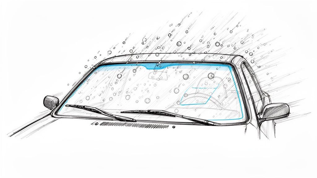 A detailed sketch showing a car windshield with numerous raindrops, highlighting water repellency.