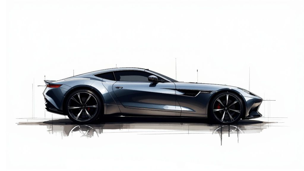 A sleek, metallic grey sports car concept with dark wheels and red brake calipers, side view.