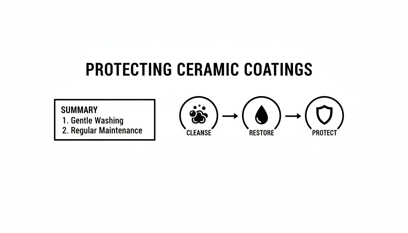 Diagram illustrating steps for protecting ceramic coatings: gentle washing, regular maintenance, cleanse, restore, protect.