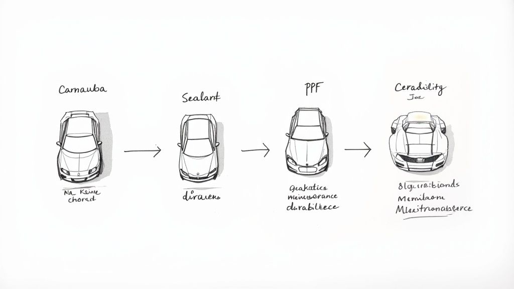 A gleaming red sports car's hood is being meticulously treated with a protective coating, showing its deep shine.