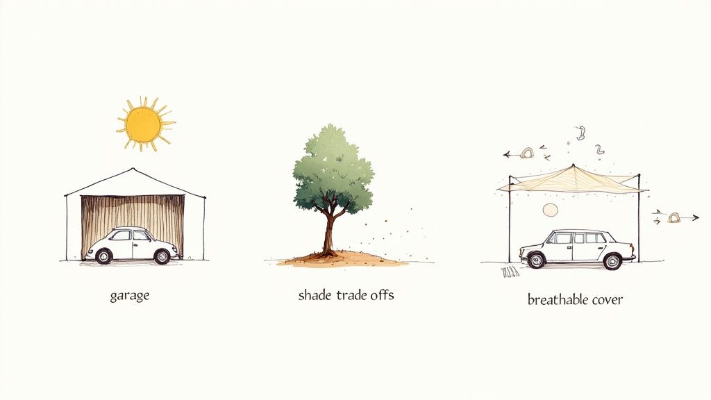 Three car protection methods: garage, tree shade, and breathable cover illustrations compared side by side