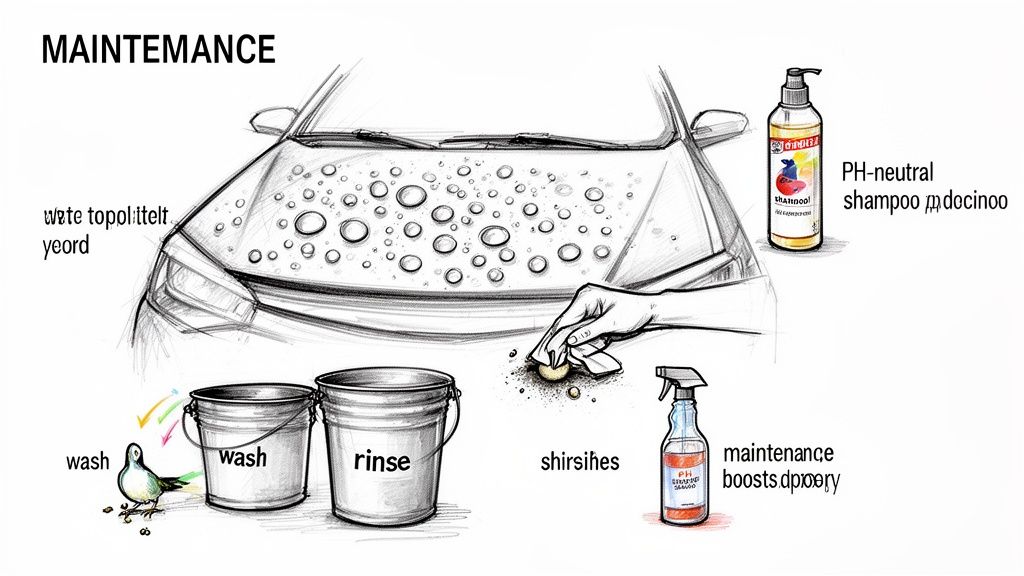 An illustration of car maintenance, showing a car with water beading on its hood, wash buckets, and car care products.