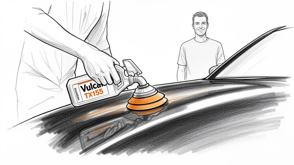 Illustrated hand spraying 'Vulcan TX155' onto a car polishing pad; a man watches.