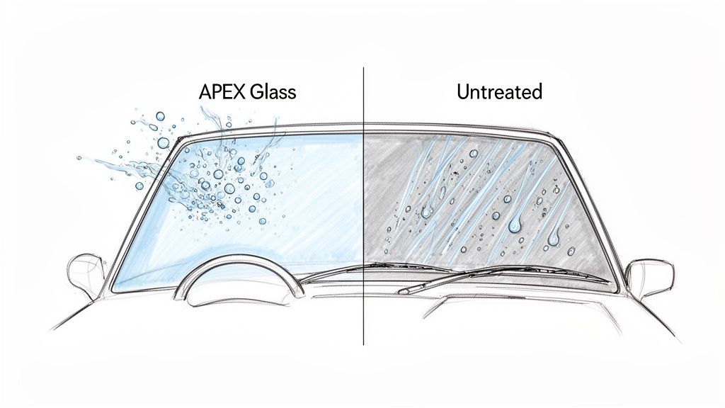 Comparison of a car windshield: APEX Glass sheds water, while untreated glass shows water clinging and streaking.