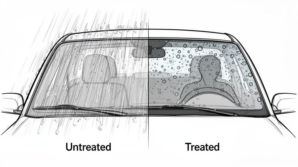 Split image of a car windshield: untreated side with streaking rain, treated side with water beading.