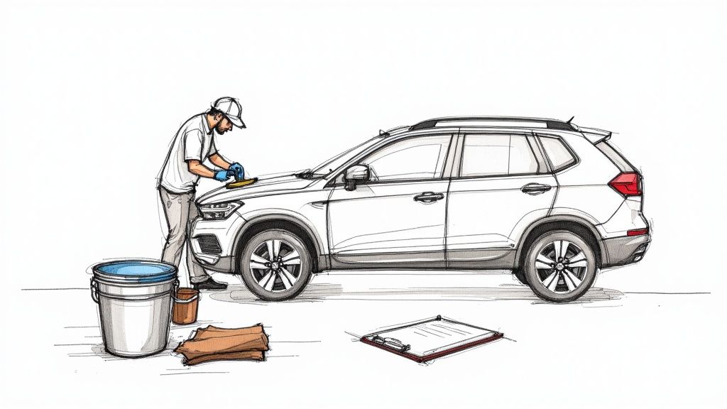 An illustration of a man wearing gloves cleaning a white SUV, with buckets and towels nearby.