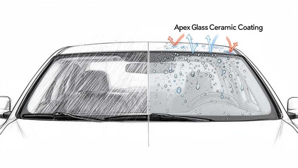 A car windshield illustration split in half, showing heavy rain on the left and water beading on the right, due to Apex Glass Ceramic Coating.