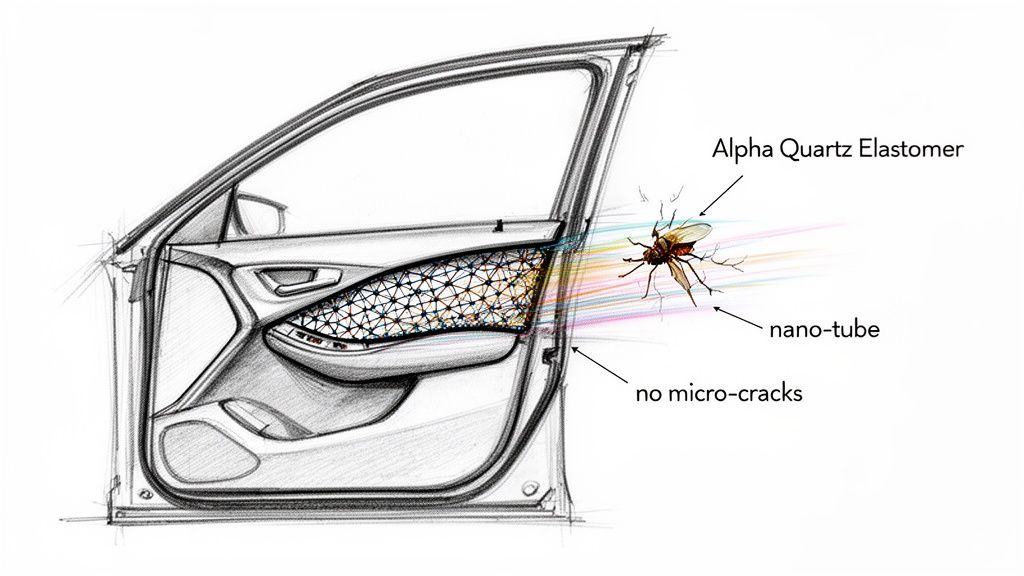 Diagram of a car door interior revealing advanced material with Alpha Quartz Elastomer and nano-tubes, demonstrating impact resistance.