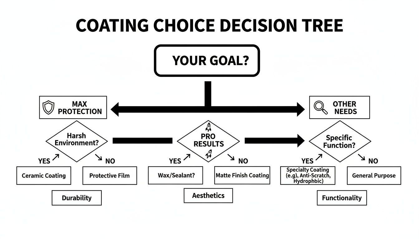 A coating choice decision tree flow chart guiding selection based on protection, aesthetics, and functionality.