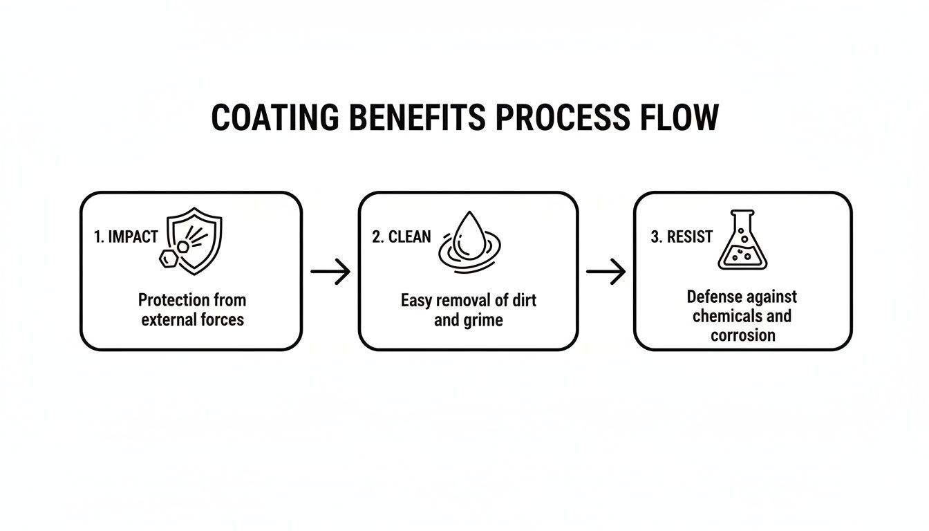 A process flow diagram illustrates the benefits of coating: impact protection, easy cleaning, and chemical resistance.