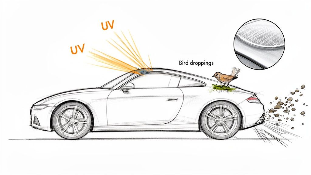 UV rays, bird droppings, and road grime damage a car's paint, showing scratches.
