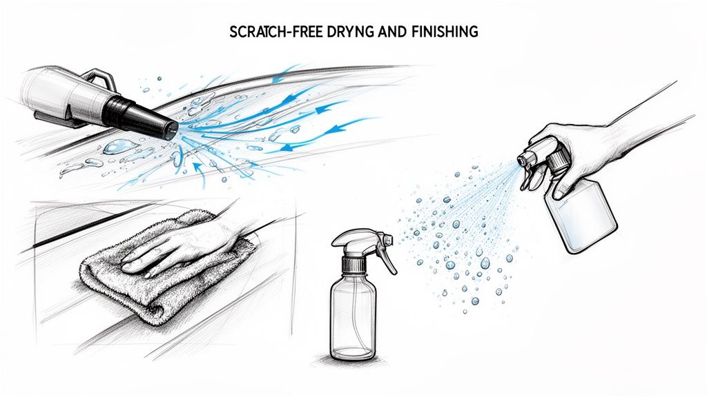 Illustration showing scratch-free car drying and finishing with a blower, microfiber towel, and spray bottles.
