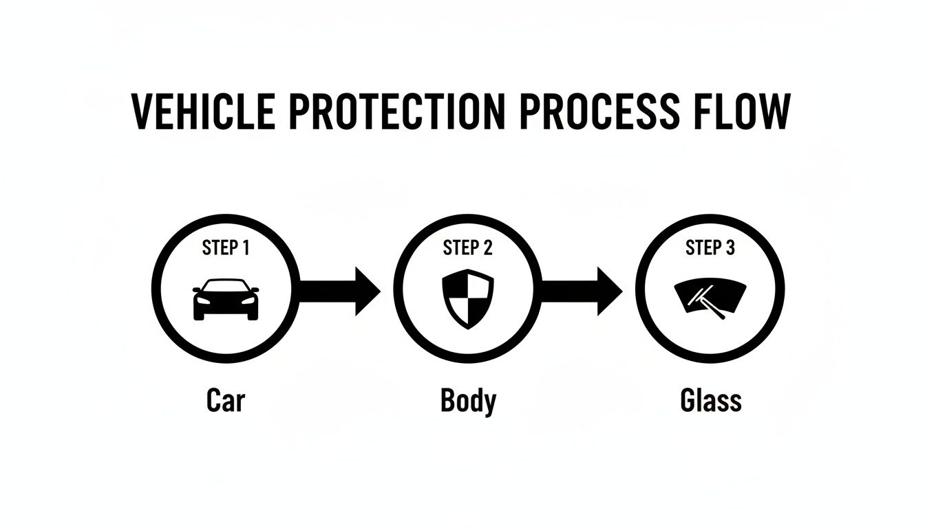 Vehicle protection process flow diagram showing three steps: Car, Body, and Glass protection stages.