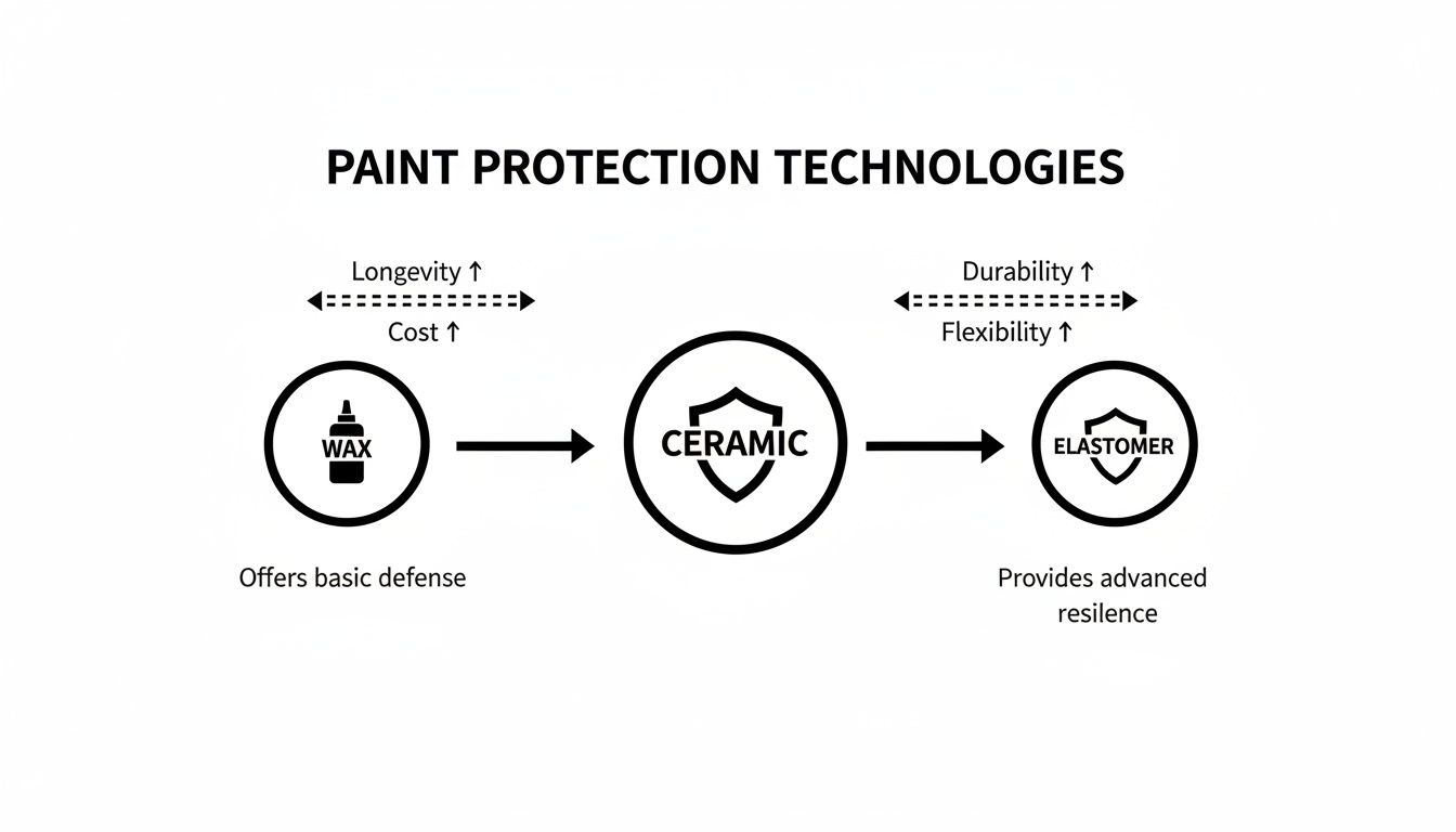 Diagram illustrating paint protection technologies: Wax (basic defense), Ceramic, and Elastomer (advanced resilience).
