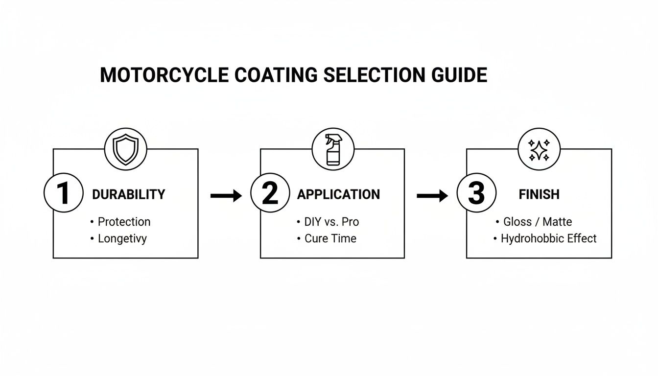 Motorcycle coating selection guide outlining three steps: durability, application, and finish options.