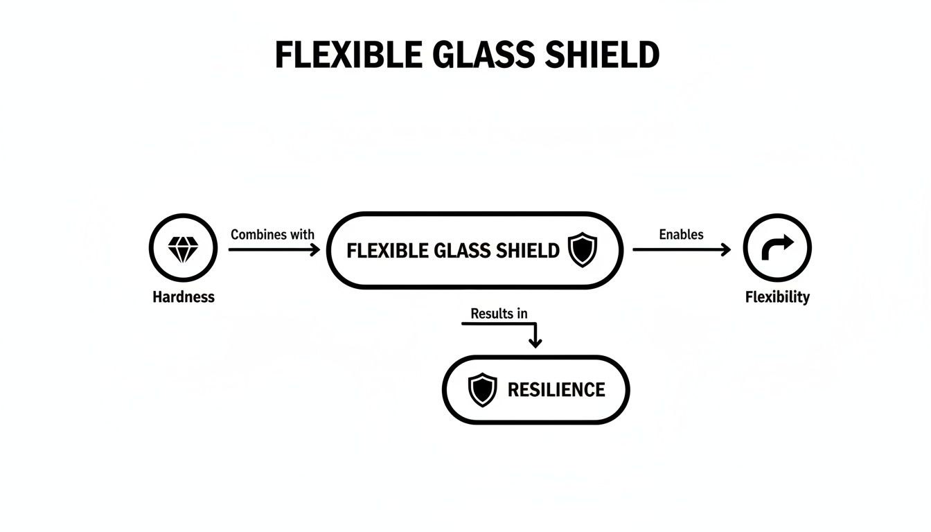 Diagram illustrating Flexible Glass Shield combining hardness, enabling flexibility, and resulting in resilience.
