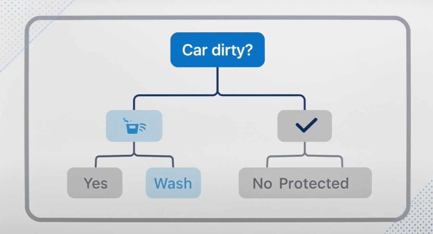 Decision tree flowchart showing car washing and protection steps based on vehicle cleanliness