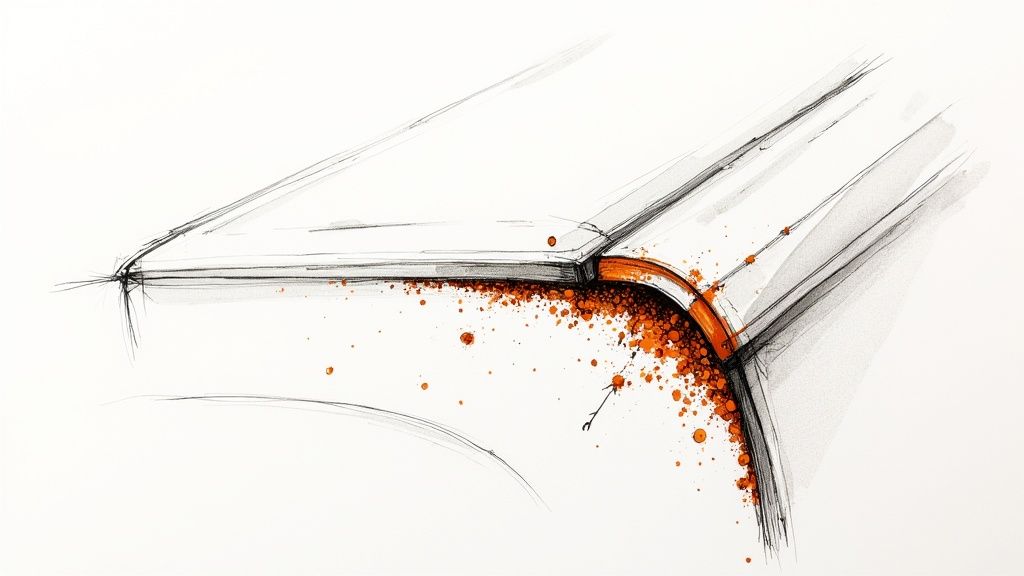 A close-up shot of a white car's paint with purple streaks, showing an iron fallout remover chemically dissolving contaminants.