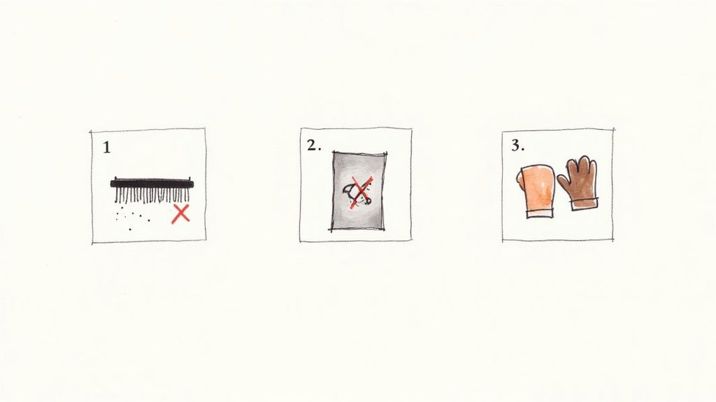 Three numbered cartoon-style instructions showing 'do not brush', 'do not spray', and 'wear gloves'.