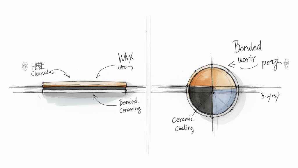 Technical diagram comparing wax and ceramic coating application on car paint with cross-section views
