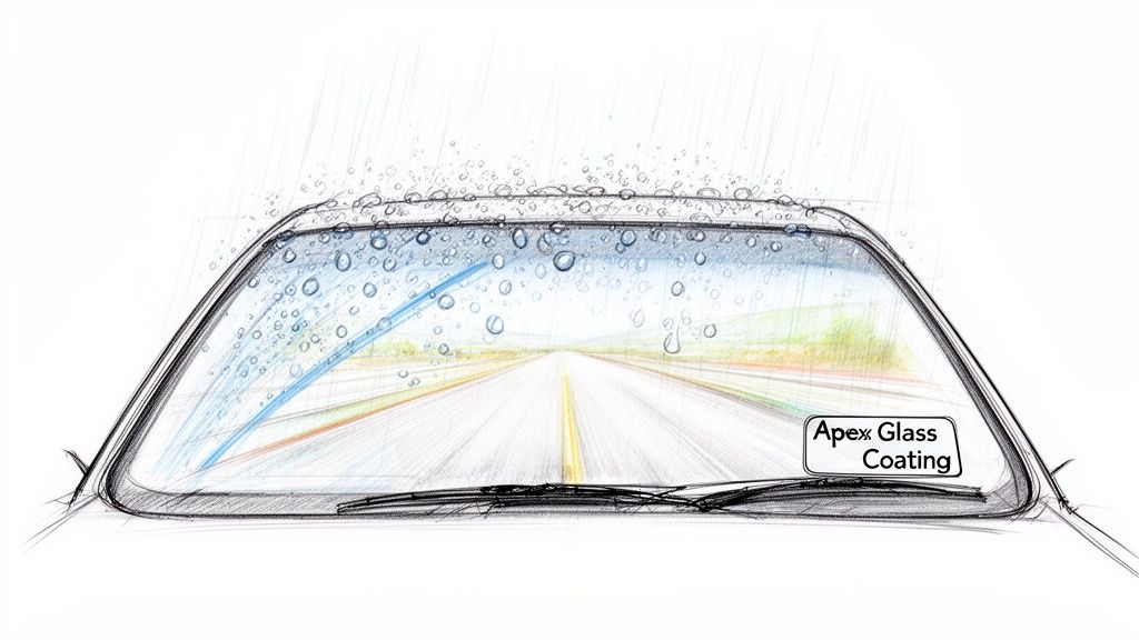 Sketch of a car windshield in the rain with water beading, showing a clear road ahead and 'Apex Glass Coating' product label.