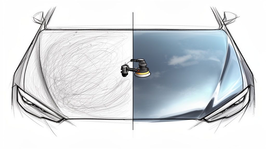 An illustration of a car hood showing a scratched left side and a polished, reflective right side with a polisher tool.
