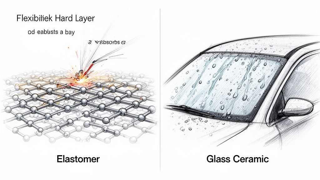 Illustration showing elastomer's impact absorption on a molecular lattice, alongside a car windshield with water-repellent ceramic coating.