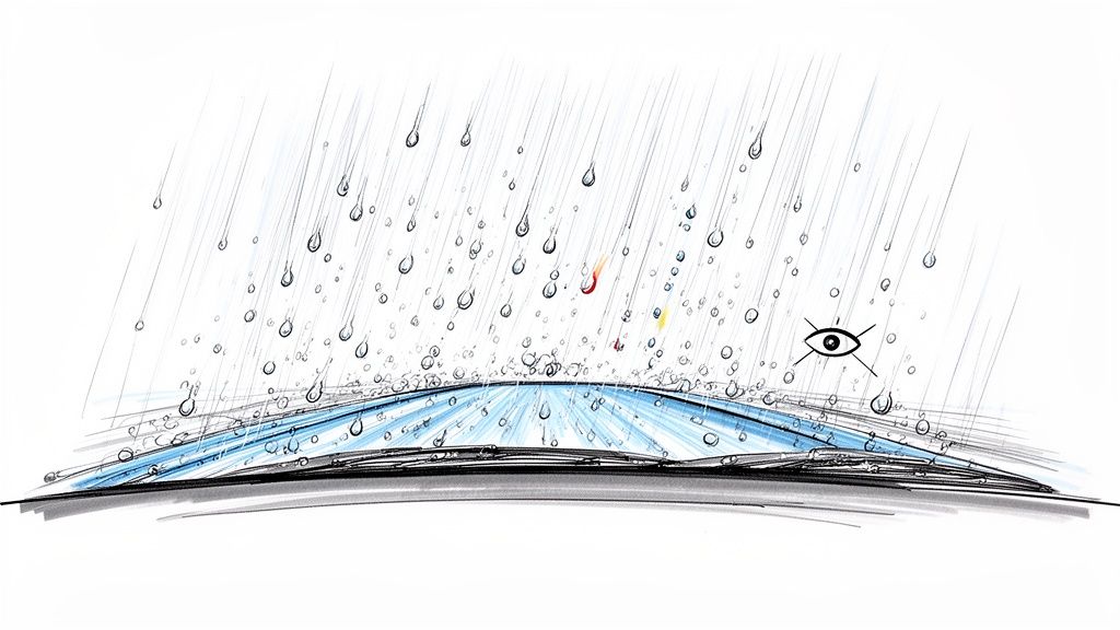 Illustration of a car windshield during heavy rain, with wipers sweeping water and abstract elements.