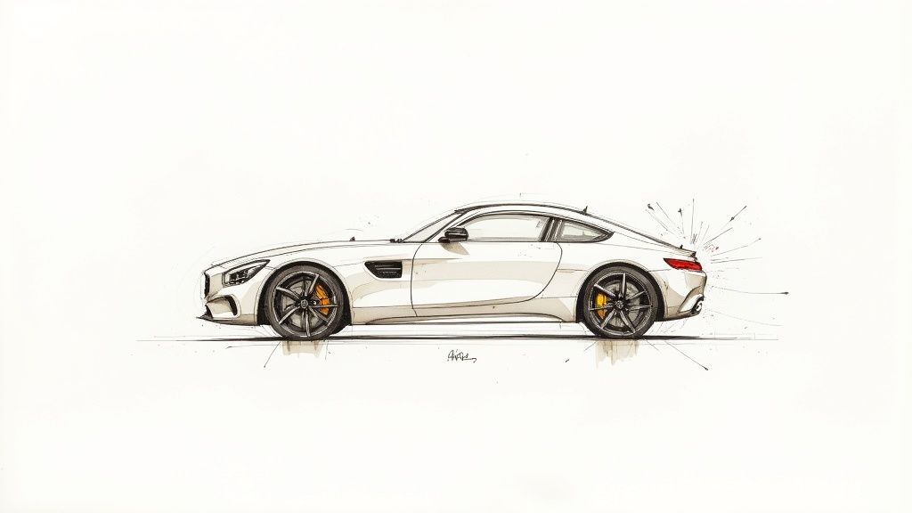 Side profile sketch of a white Mercedes-Benz AMG GT sports car with vibrant orange brake calipers.
