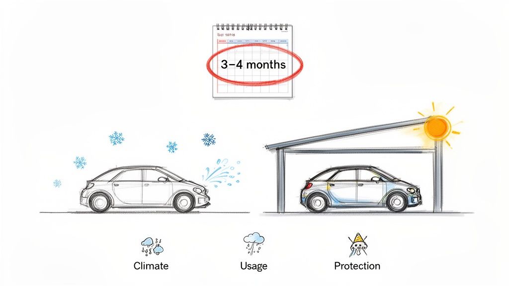 An illustration showing cars under different conditions, from snow and rain to sheltered, suggesting a 3-4 month car waxing interval.