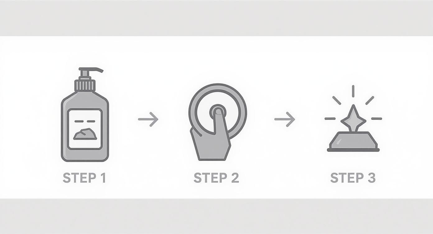 A three-step diagram illustrates a process for scratch removal, from a sad bottle to a shining star.