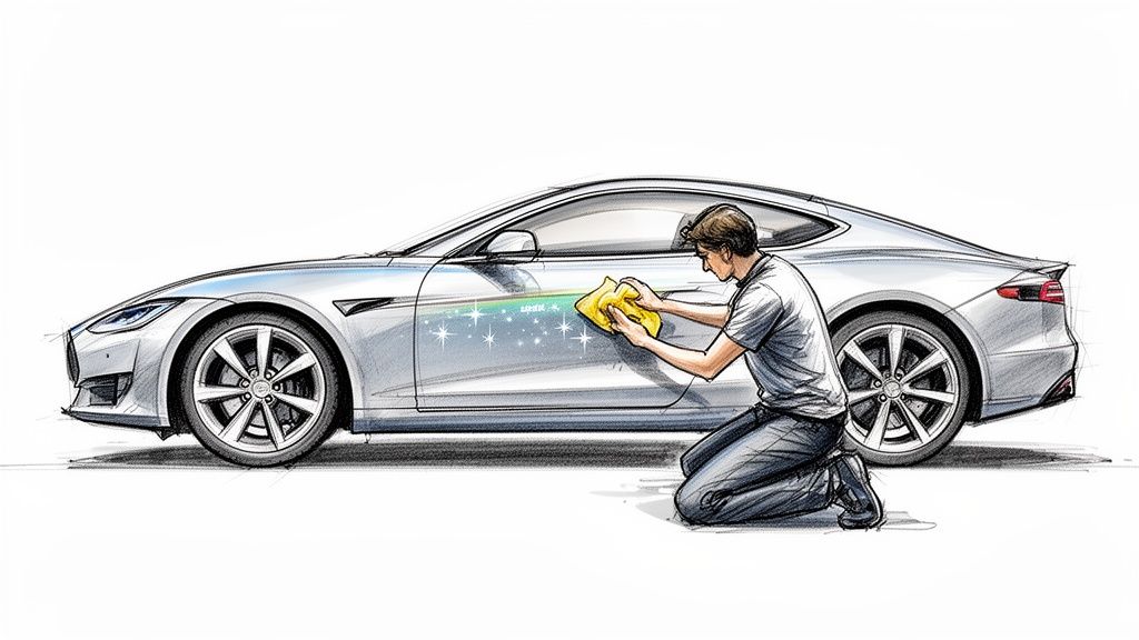 A person on their knees carefully waxes a silver Tesla Model S car, creating a sparkling clean finish.