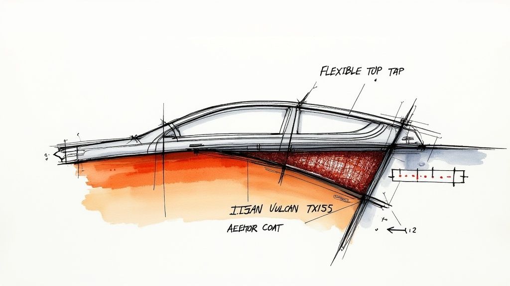 Detailed automotive design sketch showing a car's side profile with technical annotations and watercolor.