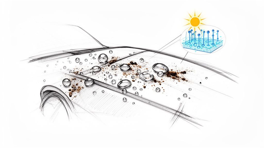 Sketch of a car surface with water beads, dirt, and a diagram of a self-cleaning coating.