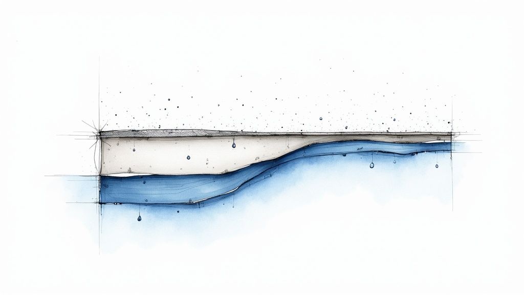 A minimalist watercolor and ink drawing of a cross-section showing a surface above blue water with droplets.