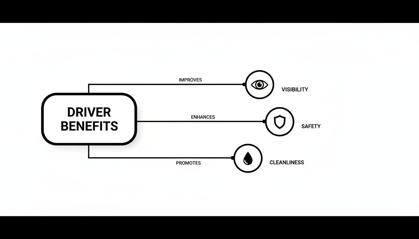 White diagram outlining driver benefits: improved visibility, enhanced safety, and promoted cleanliness.