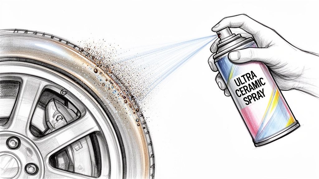 A hand sprays 'Ultra Ceramic Spray' onto a dirty car wheel and tire, illustrating brake dust removal.