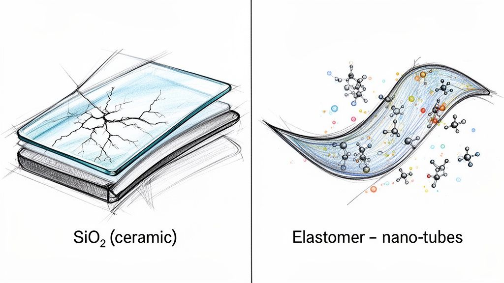 Two illustrations contrasting cracked ceramic (SiO2) with flexible elastomer containing nano-tubes.