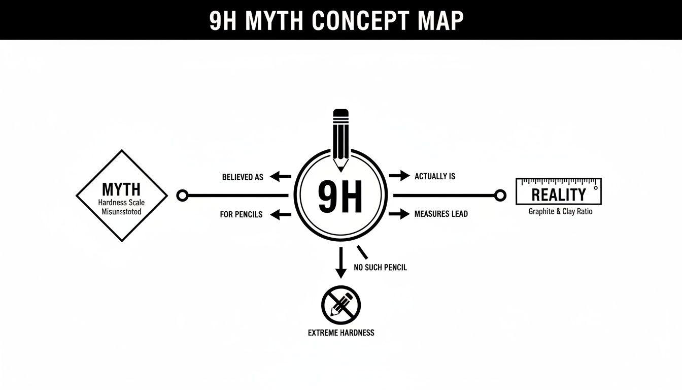 Concept map explaining the 9H myth for pencils, contrasting misunderstanding with actual graphite and clay ratio.