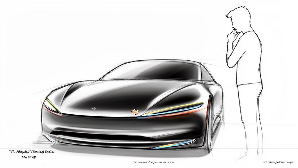 A detailed sketch of a sleek concept car with colorful headlights, observed by a contemplative person.