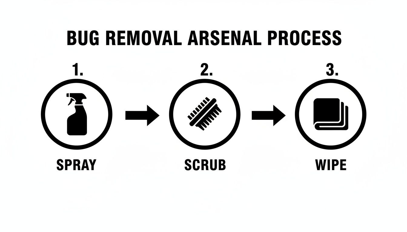 A three-step infographic illustrating the bug removal process: spray, scrub, and wipe.