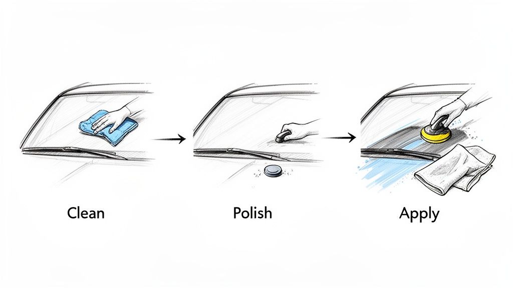 Three-step diagram illustrating how to clean, polish, and apply a coating to a car windshield.