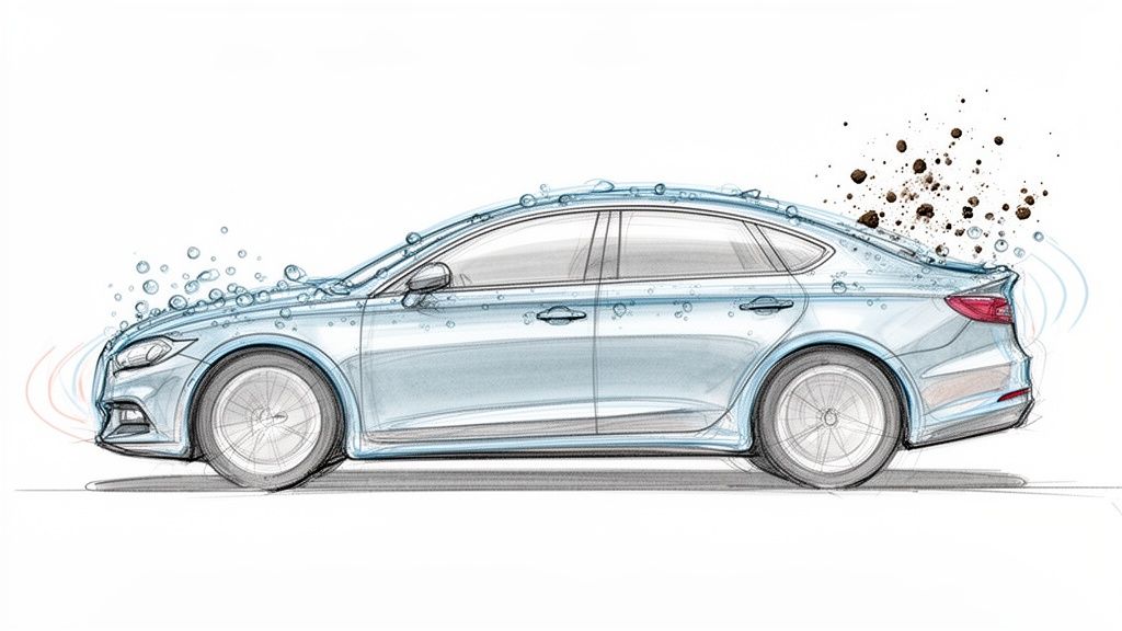 Sketch of a light blue car with water beading on the hood and dirt repelled from the rear.