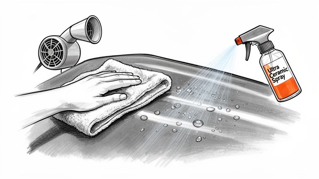 A hand wipes a car surface with a towel, as ceramic spray is applied and a blower dries.