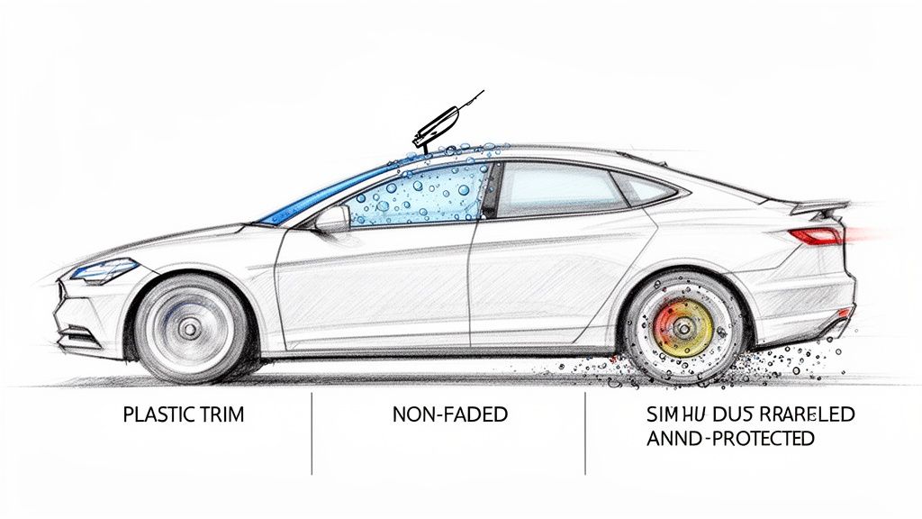 Sketch of a white car demonstrating various treated zones for ceramic coating application and protection.