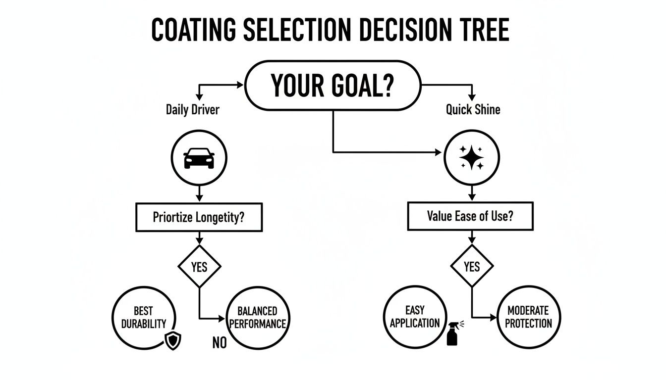A decision tree for car coating selection, guiding users based on goals like daily driving or quick shine, prioritizing longevity or ease of use.